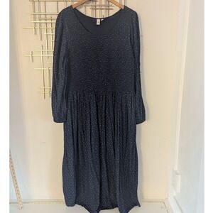 Susina Navy Blue Mini Floral‎ Smocked Bodice Midi Dress Women's 3X Long Sleeve